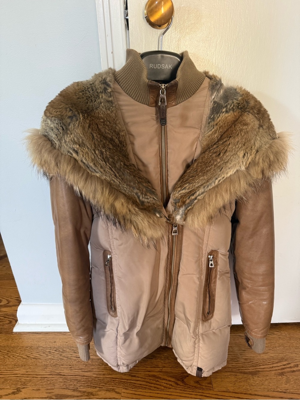RUDSAK Tan Leather-Sleeve Puffer Jacket with Fur Trim